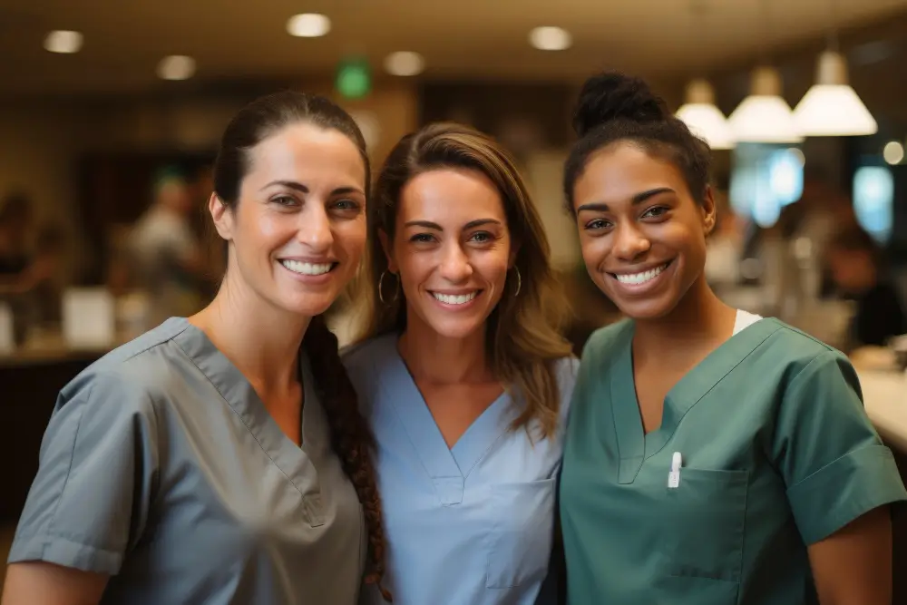 Smiling nursing assistants in the UK wearing scrubs, representing healthcare teamwork and compassionate patient care.
