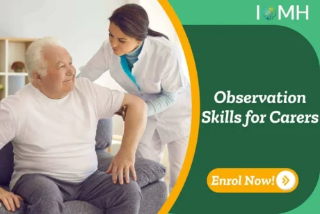 Carer assisting elderly man; banner promotes Observation Skills for Carers course.