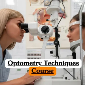Optometry Techniques Course banner with practitioner using slit lamp microscope to examine patient’s eyes in clinical setting.