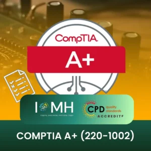 CompTIA A+ 220-1002 certification banner with red and white badge, checklist icon, and CPD accreditation logos over computer motherboard background.