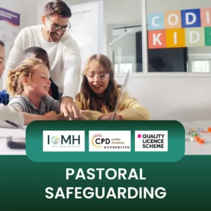 Children working on coding project with adult guidance; banner promotes pastoral safeguarding and CPD-accredited tech education.