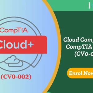 CompTIA Cloud+ (CV0-002) badge with cloud icon set against a gradient background; promotional banner invites enrolment in Cloud Computing course.