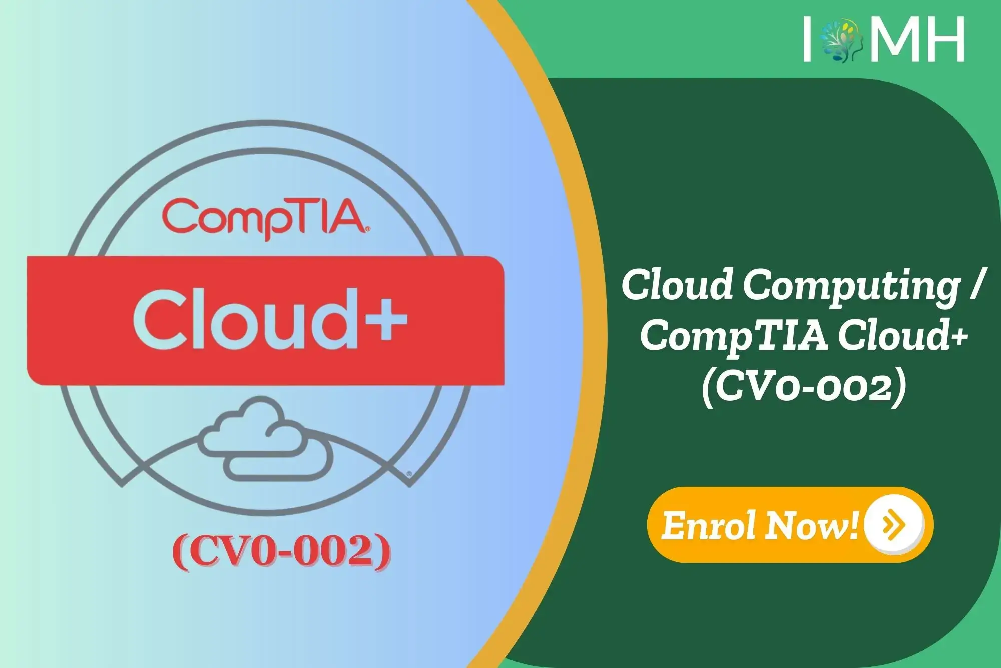 CompTIA Cloud+ (CV0-002) badge with cloud icon set against a gradient background; promotional banner invites enrolment in Cloud Computing course.