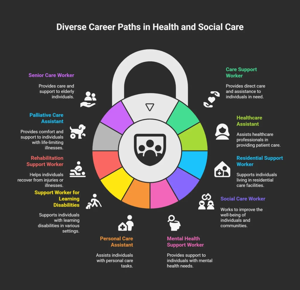 Career opportunities with a Level 3 Diploma in Health and Social Care – infographic of healthcare and support worker roles