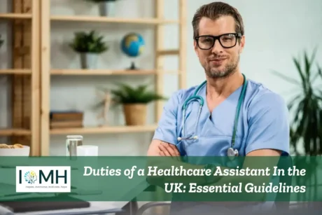 Healthcare Assistant in scrubs with a stethoscope in a professional office; a promotional banner highlights UK-based guidance on Healthcare Assistant (HCA) responsibilities and standards.