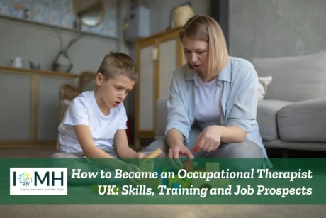 Occupational therapist working with a child using educational wooden blocks to develop motor skills.