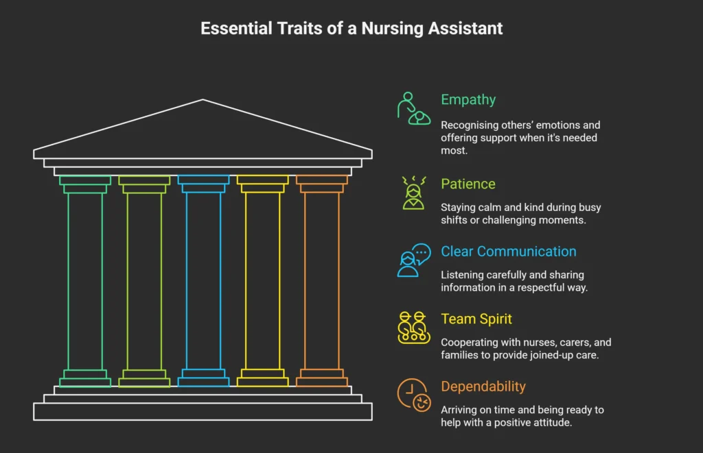 Infographic showing five essential traits of nursing assistants with icons and descriptions.