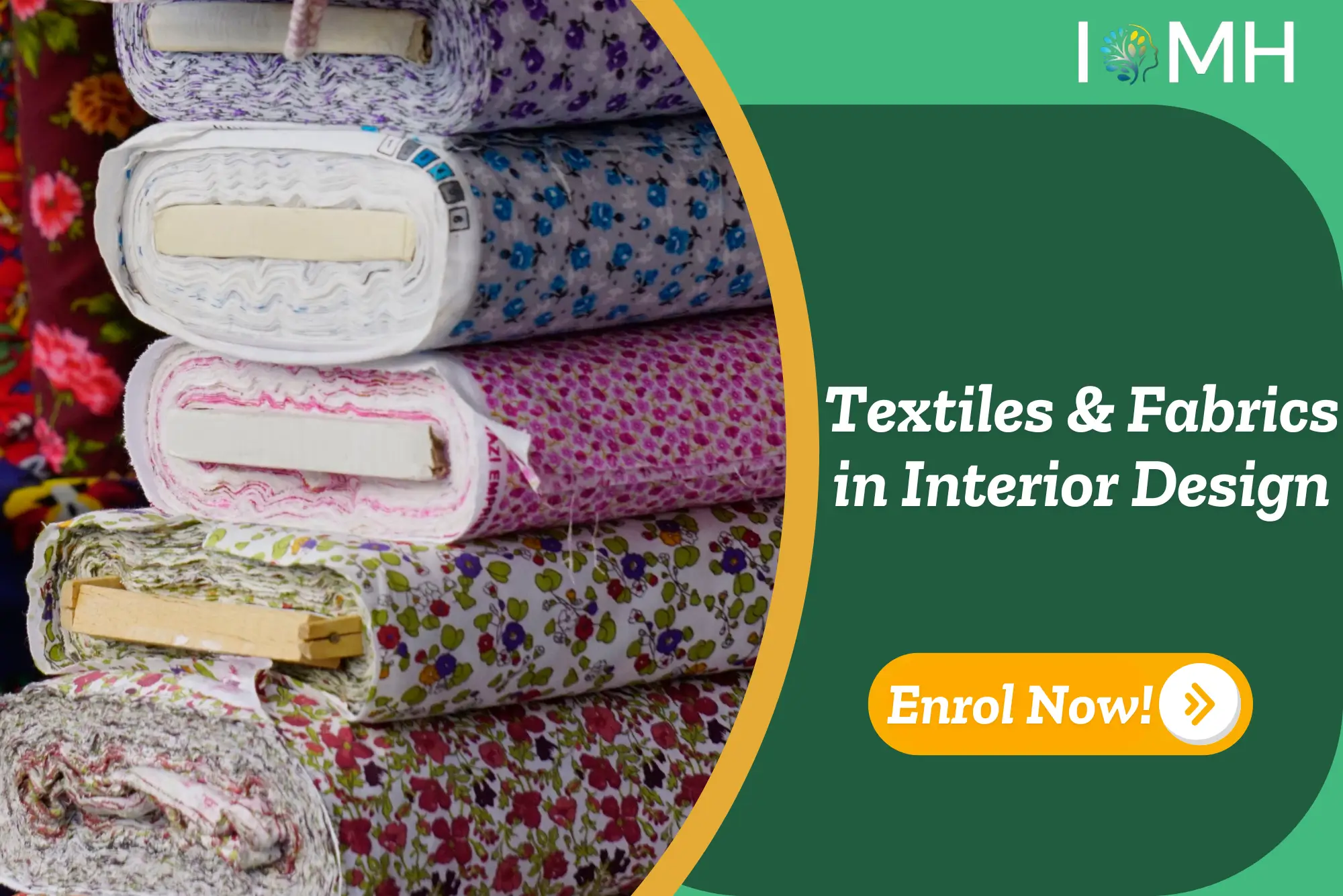 Textiles and fabrics in interior design course – colourful fabric rolls for creative home décor and design learning