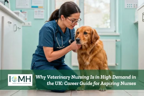 Veterinary nurse interacting with Golden Retriever in clinical setting; promotional banner highlights UK-based career guide on veterinary nursing demand and pathways.
