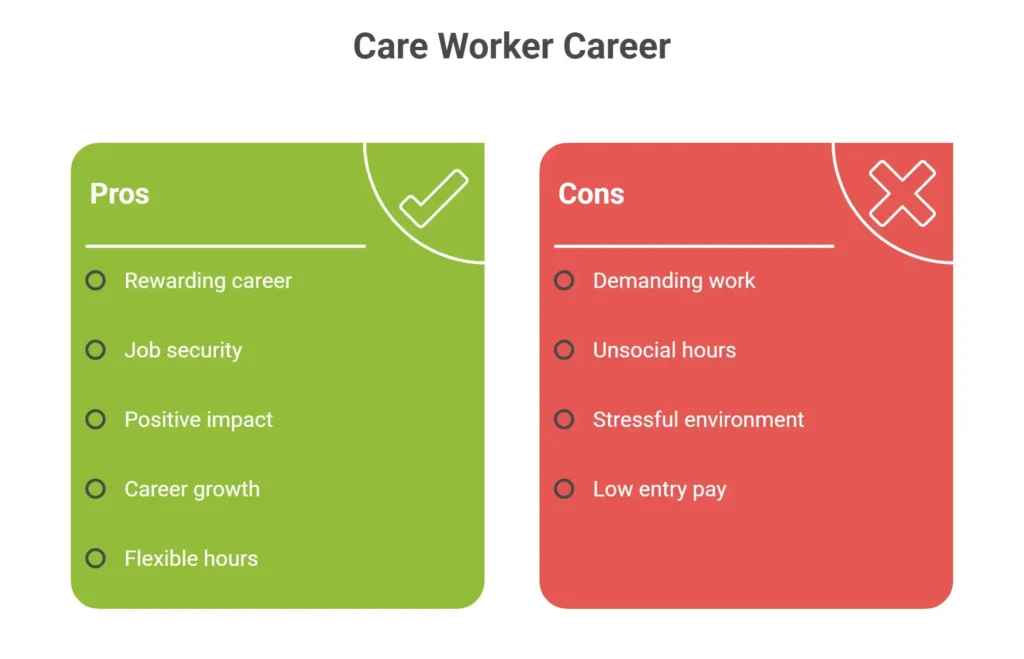Chart comparing pros and cons of UK care worker careers; highlights rewards, flexibility, and challenges.
