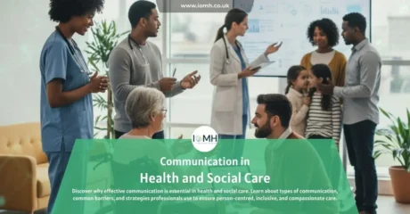 Healthcare professionals in a training session; banner promotes Communication in Health and Social Care​.