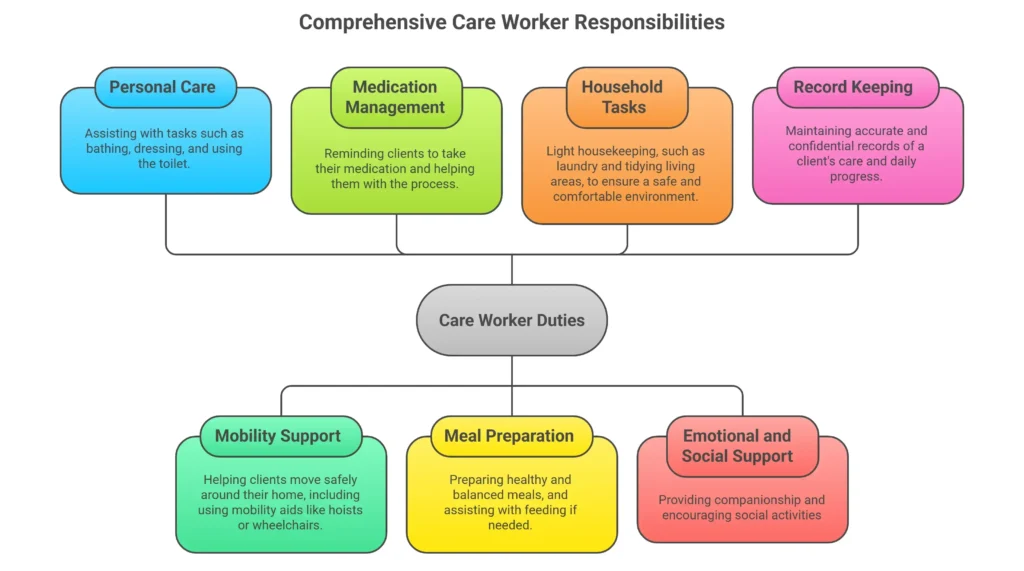 Diagram outlining seven core care worker duties including personal care, medication, mobility, and emotional support.