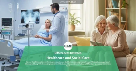 Split image showing hospital care and home support; banner promotes the Differences Between Healthcare and Social Care.