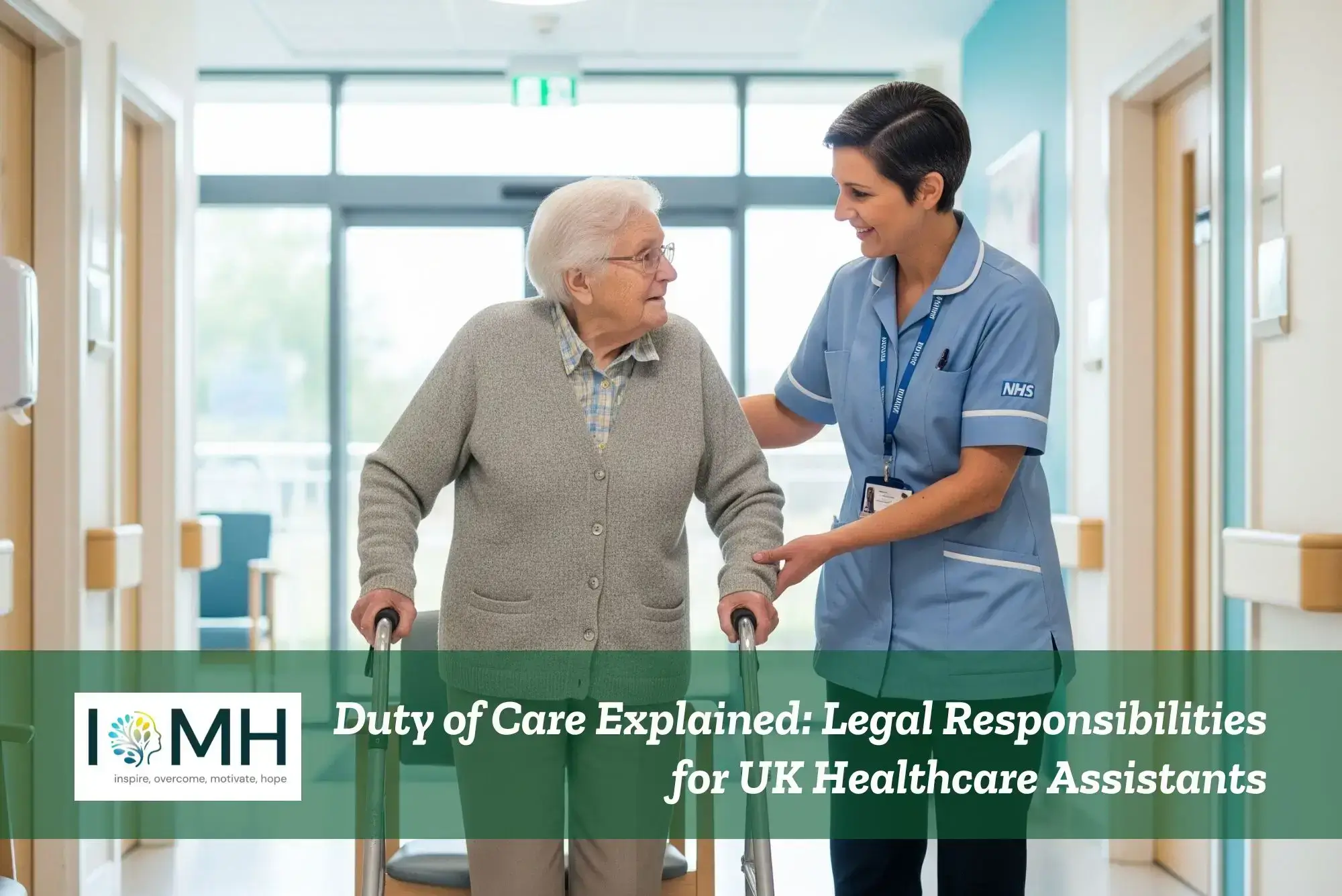 NHS carer assisting elderly woman with walker; banner promotes Duty of Care Explained Legal Responsibilities for UK Healthcare Assistants.