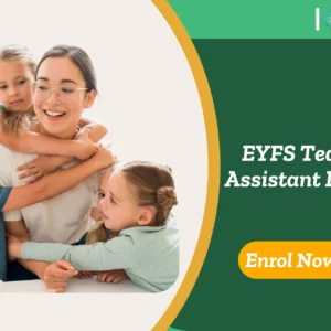Teaching assistant embraced by children; banner promotes EYFS Teaching Assistant Diploma.