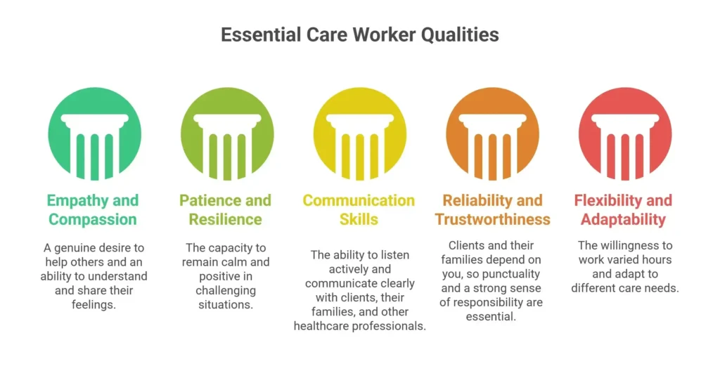 Infographic showing five key traits for care workers: empathy, patience, communication, reliability, and adaptability.