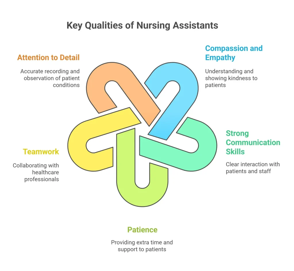 Infographic showing five essential skills for nursing assistants: detail, empathy, communication, patience, teamwork.