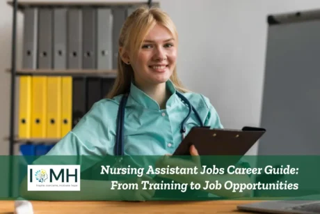 Smiling nursing assistant with clipboard; banner promotes career guide for healthcare support roles.