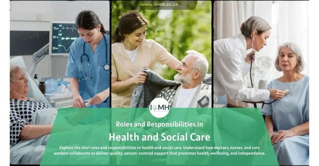 Three care scenes showing nurses and caregivers in action; banner promotes The Roles and Responsibilities in Health and Social Care.