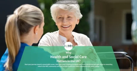 Younger and older individuals share a warm moment; banner promotes Why Health and Social Care Matters in the UK.