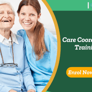 Elderly person with caregiver; banner promotes IOMH Care Coordinator Training course.
