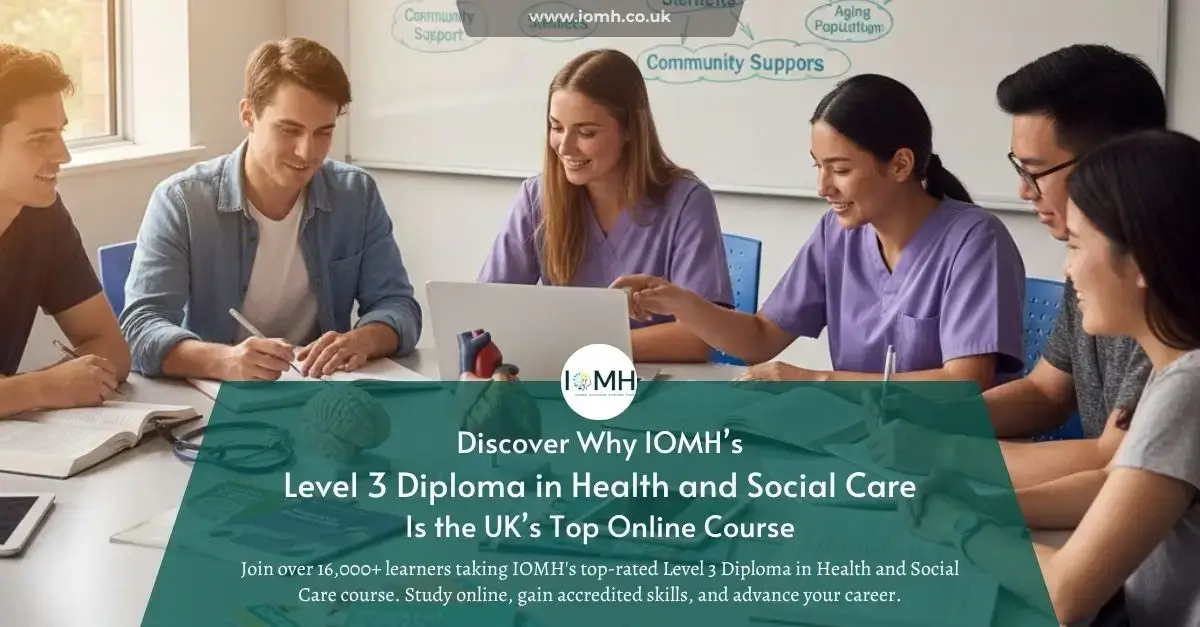 Students collaborate in the classroom; banner promotes Discover Why IOMH’s Level 3 Diploma in Health and Social Care Is the UK’s Top Online Course