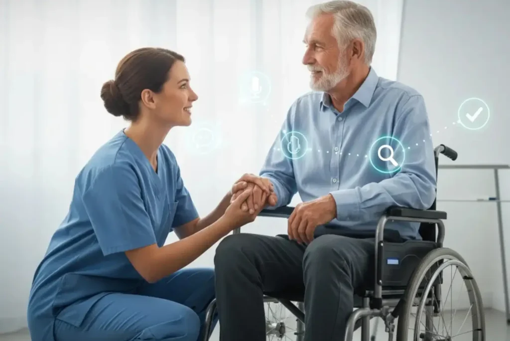 Nurse communicating with elderly man in wheelchair – overcoming communication barriers in health and social care