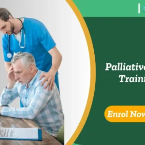 Healthcare worker comforts elderly man; banner promotes Palliative Care Training.