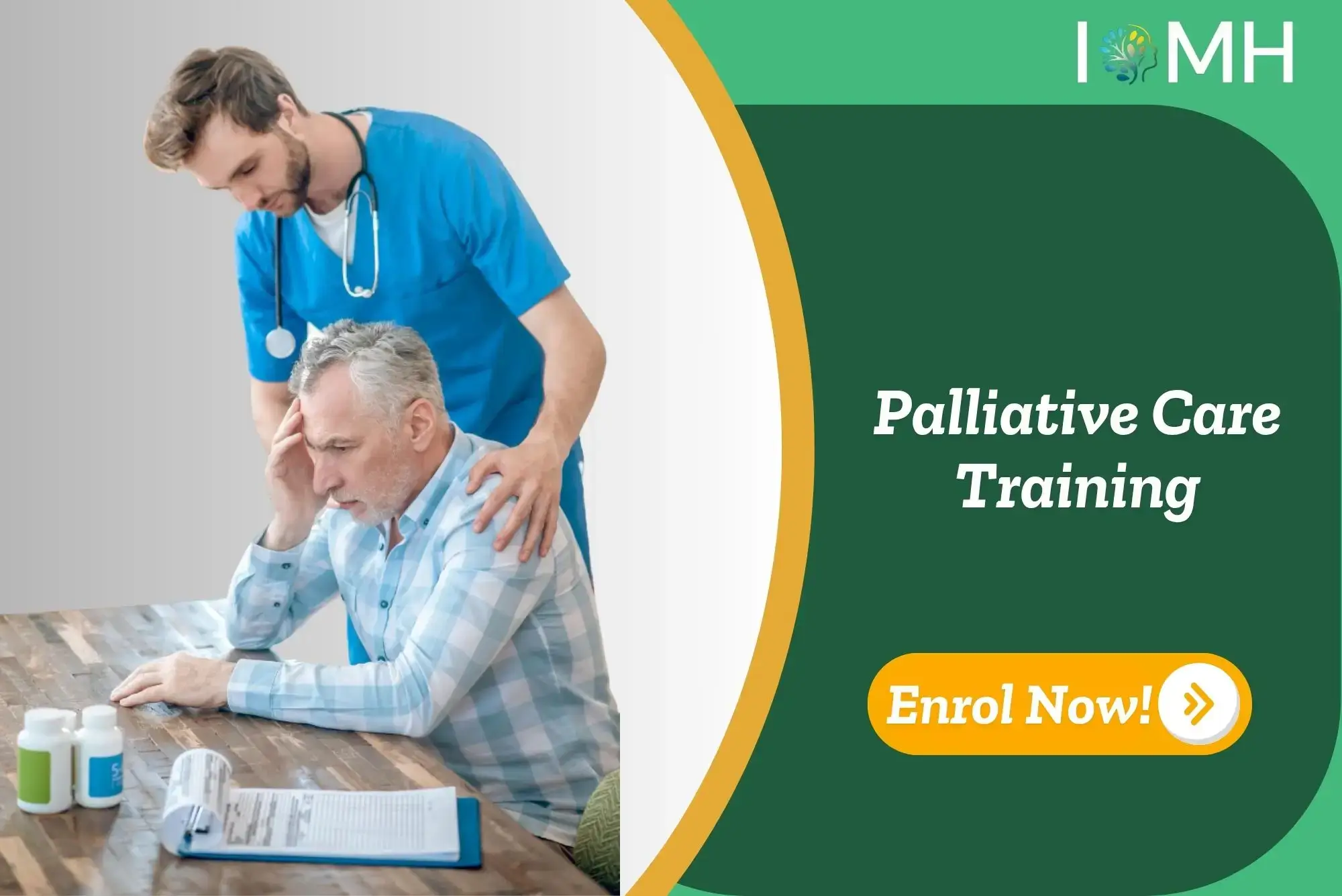 Healthcare worker comforts elderly man; banner promotes Palliative Care Training.