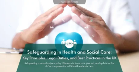 Protective gesture over health icon; banner promotes UK safeguarding guide in health and social care.