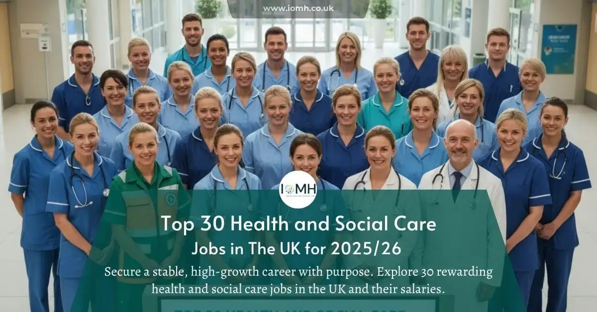 Group of UK healthcare professionals; banner promotes Top 30 Health and Social Care Jobs in The UK.