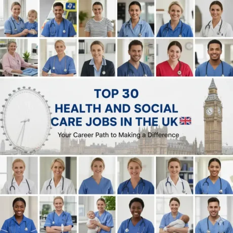 Collage of UK healthcare professionals with banner promoting top 30 health and social care careers.