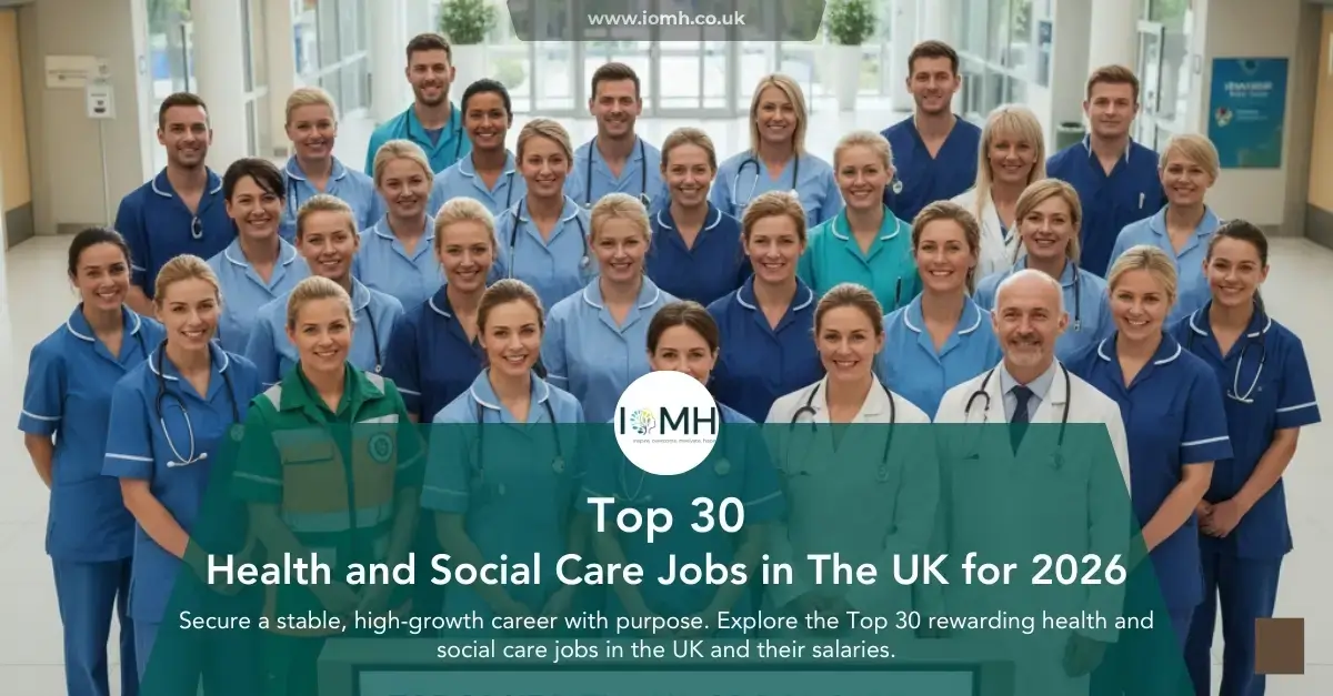 Group of UK healthcare professionals; banner promotes Top 30 Health and Social Care Jobs in The UK.