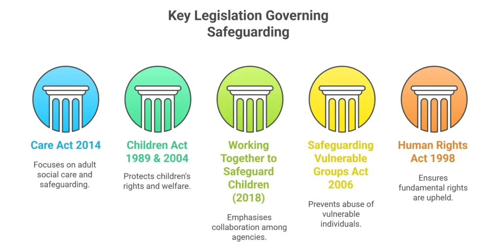 Infographic showing five UK safeguarding laws with icons and brief descriptions.