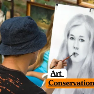 Theoretical fine arts and heritage preservation training banner featuring an artist or conservator in a blue bucket hat meticulously working on a large-scale portrait.