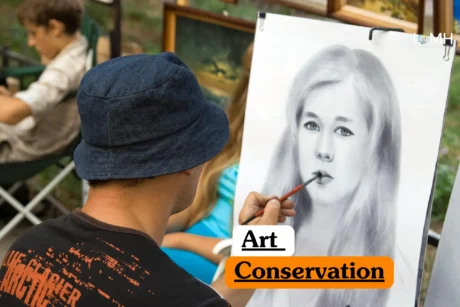 Theoretical fine arts and heritage preservation training banner featuring an artist or conservator in a blue bucket hat meticulously working on a large-scale portrait.