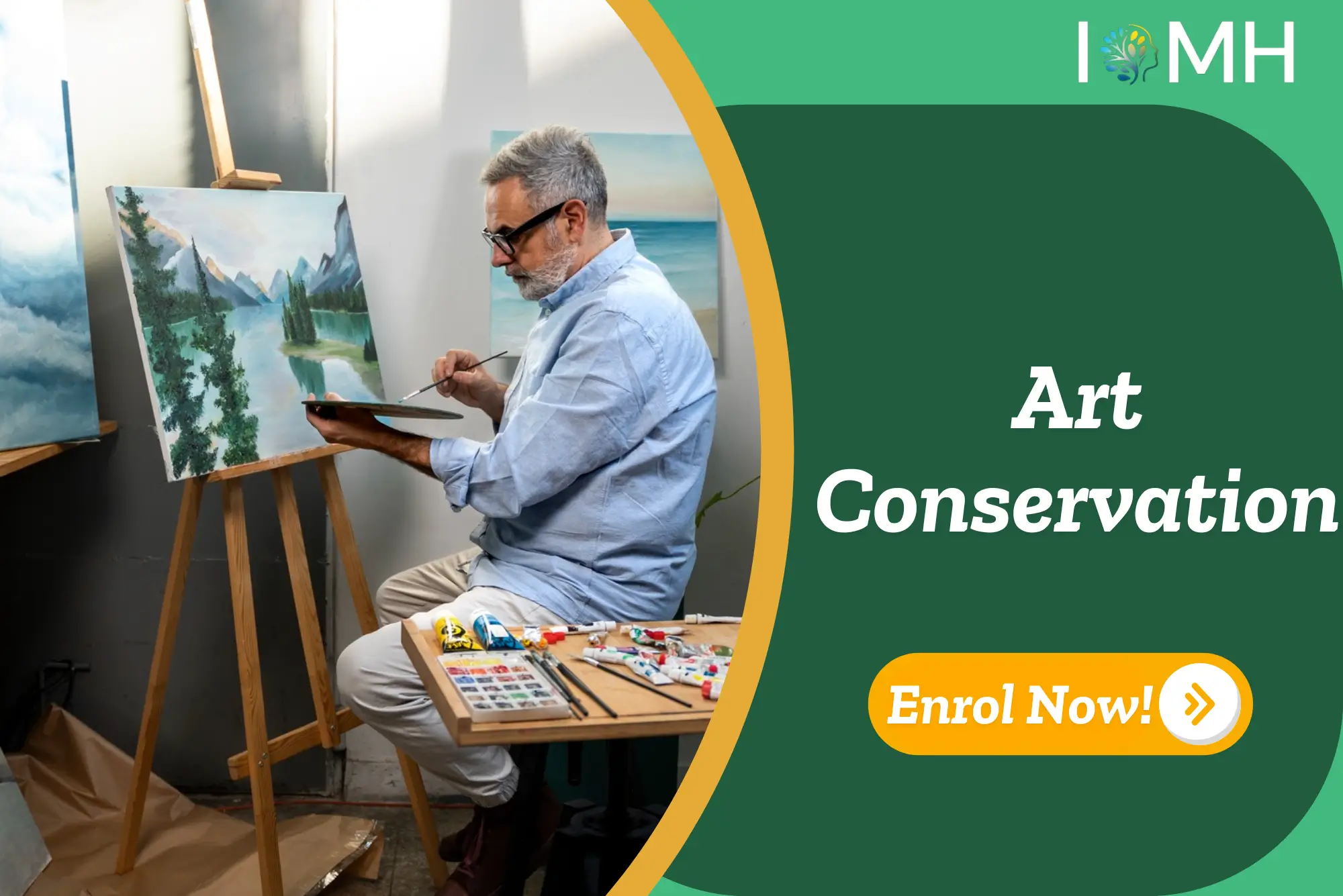 Artist painting landscape; banner promotes IOMH Art Conservation course.