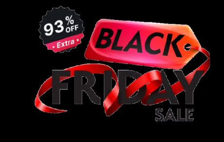 Black Friday sale graphic with bold discount text and festive ribbon on dark background.