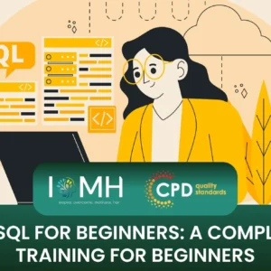Illustration of woman learning SQL online – MySQL for beginners training course with CPD accreditation by IOMH.