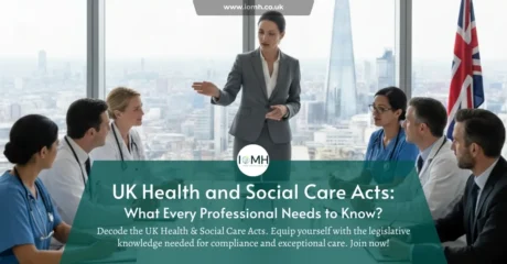 Healthcare team in UK seminar; banner promotes IOMH Health and Social Care Acts training.