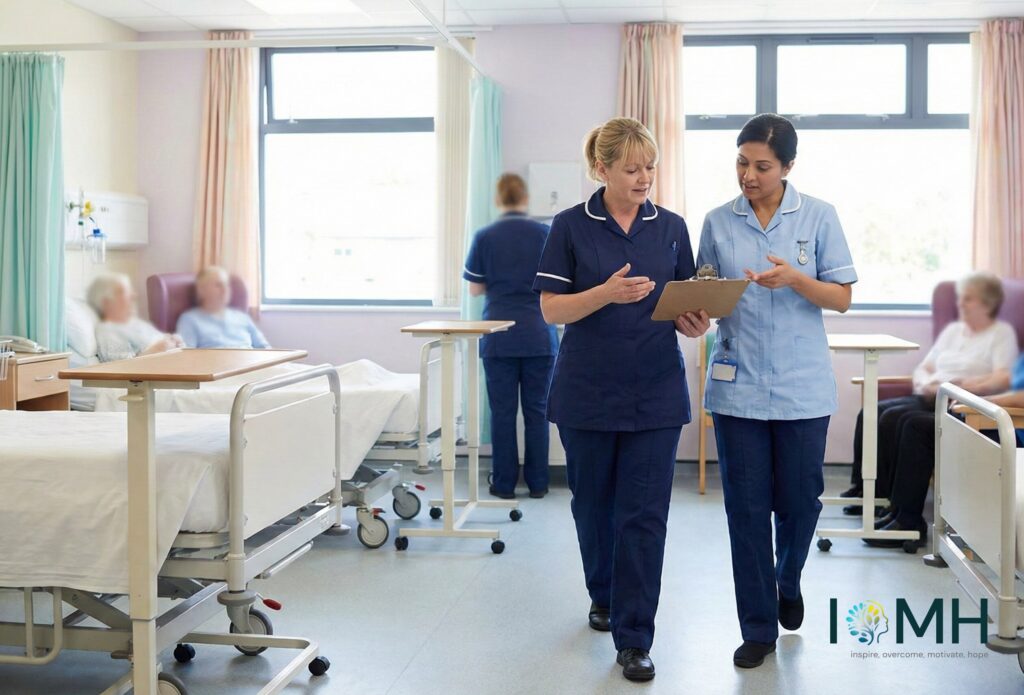 Nursing assistants discussing patient care and documentation in a UK NHS hospital ward