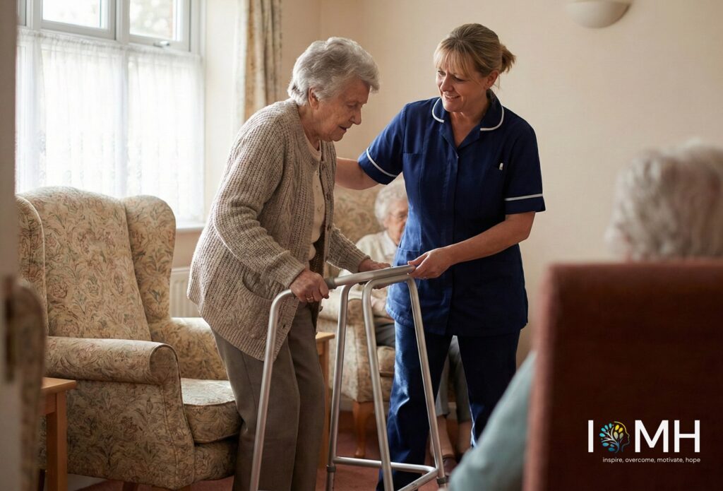 Nursing assistant helping an elderly patient walk safely using a frame in a UK care home