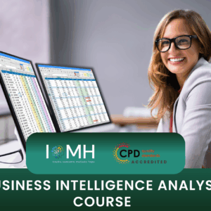 Business Intelligence Analyst course with professional reviewing data charts on dual monitors.
