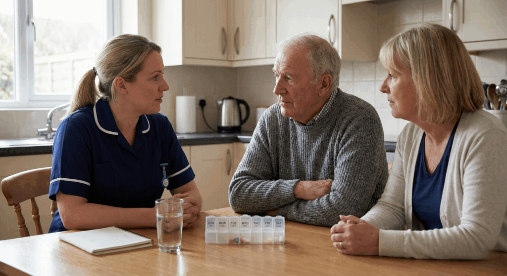 Community nurse discussing an end of life care plan with an elderly man and his family at home in the UK