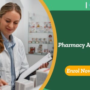 Pharmacy assistant checking and organising medicines in a UK pharmacy, promoting pharmacy assistant training and enrolment.
