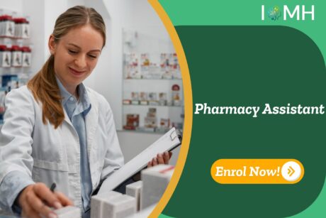Pharmacy assistant checking and organising medicines in a UK pharmacy, promoting pharmacy assistant training and enrolment.