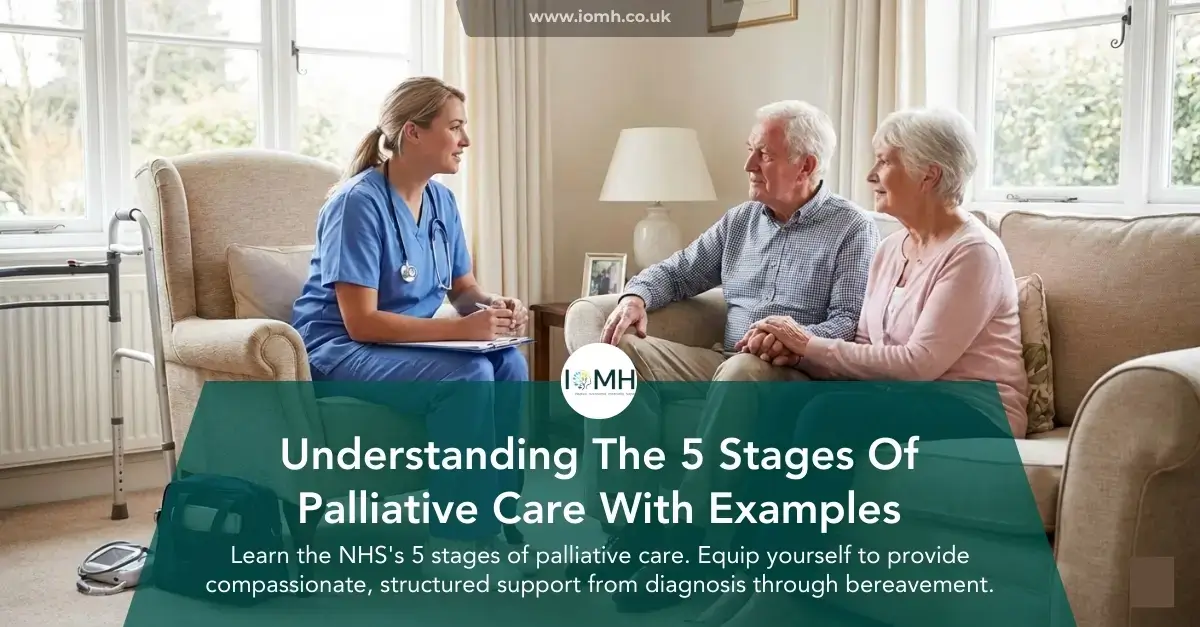 Healthcare worker consulting elderly couple at home; banner promotes NHS palliative care education with examples.