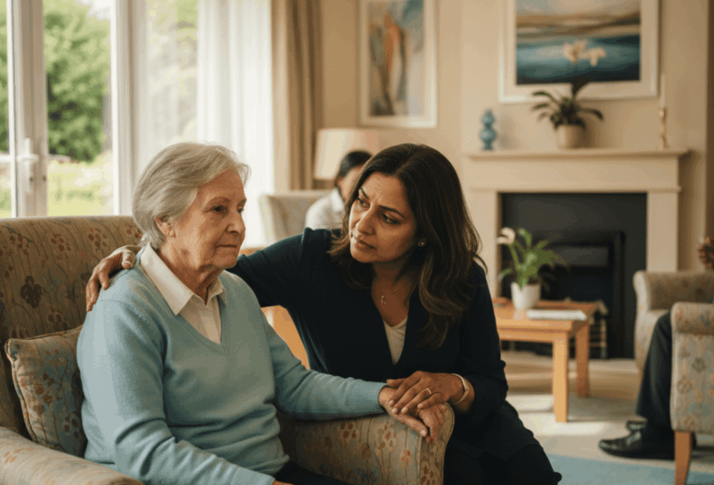 Family supporting an elderly person with dementia in a UK care home environment