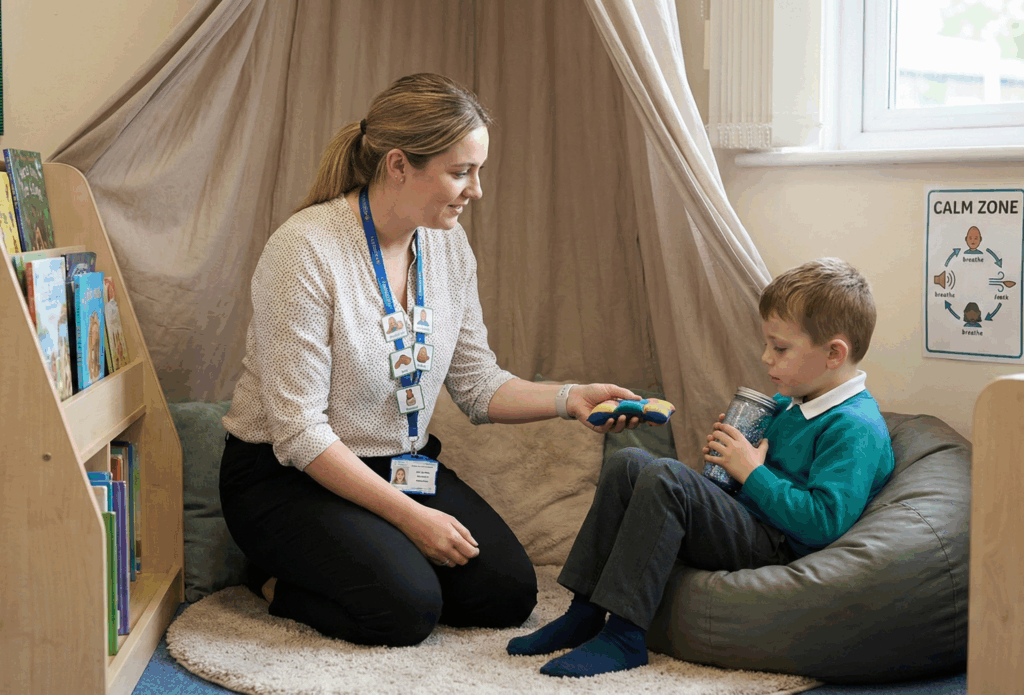 SEN Teaching Assistant providing behavioural support to a child in a quiet classroom space.
