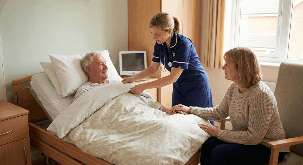 Hospital nurse providing end of life care to an elderly patient with family support in the UK